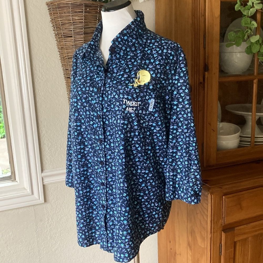Vintage Looney Tunes 100% Cotton Y2K Disty Print Button Down Shirt Size 14/16 - Picture 4 of 10